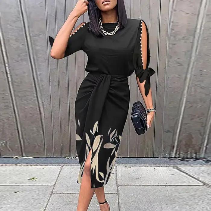Robe de soirée élégante à manches courtes pour femmes, col rond, plis, longueur au genou, laçage déc