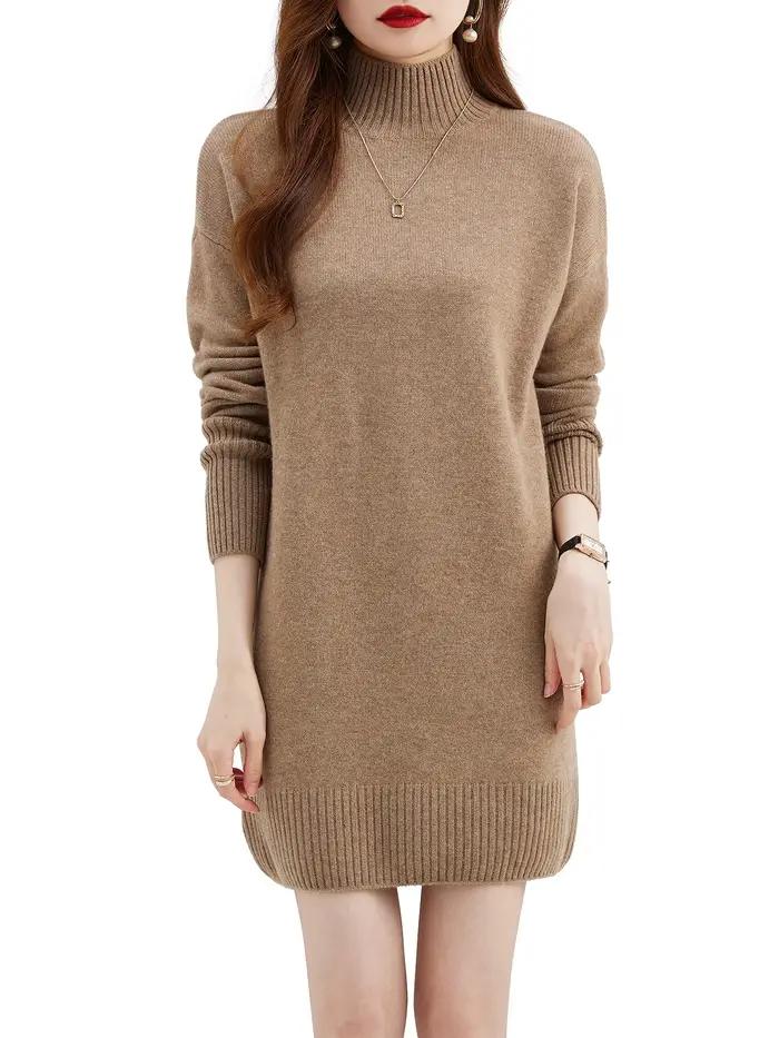 Pull à col roulé femmes pulls 100% laine mérinos longue robe pull automne hiver chaud à manches long