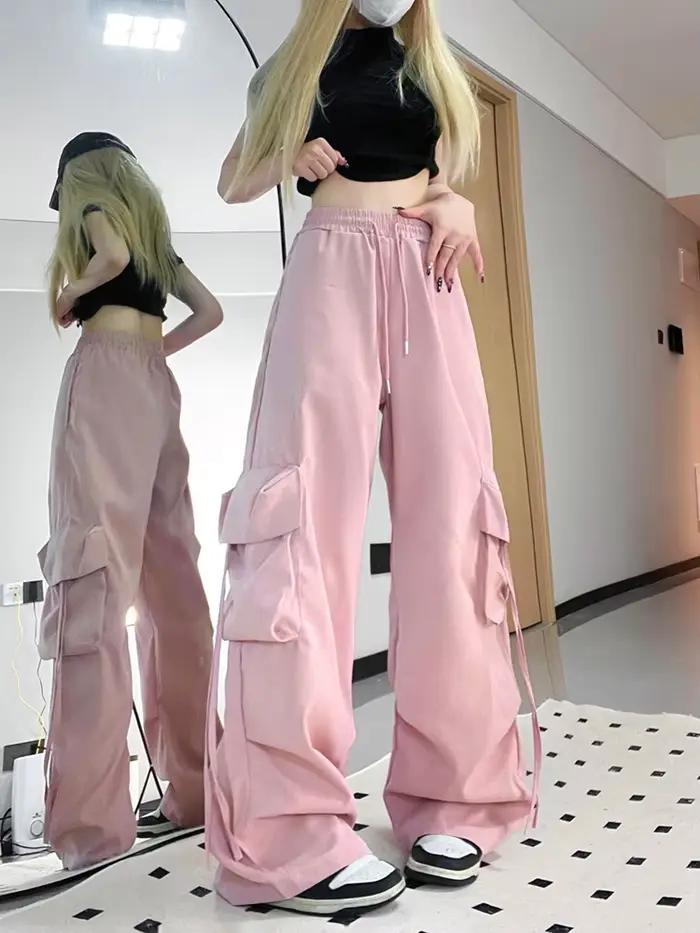 Zoki rose Streetwear Cargo pantalon femmes ample Harajuku Y2K pantalon droit américain rétro Hip Hop