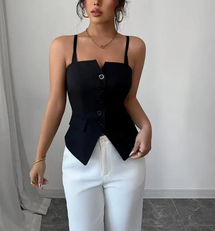 Débardeur décontracté pour femme, noir, printemps-été, à fines bretelles, col cœur, boutonné, coupe