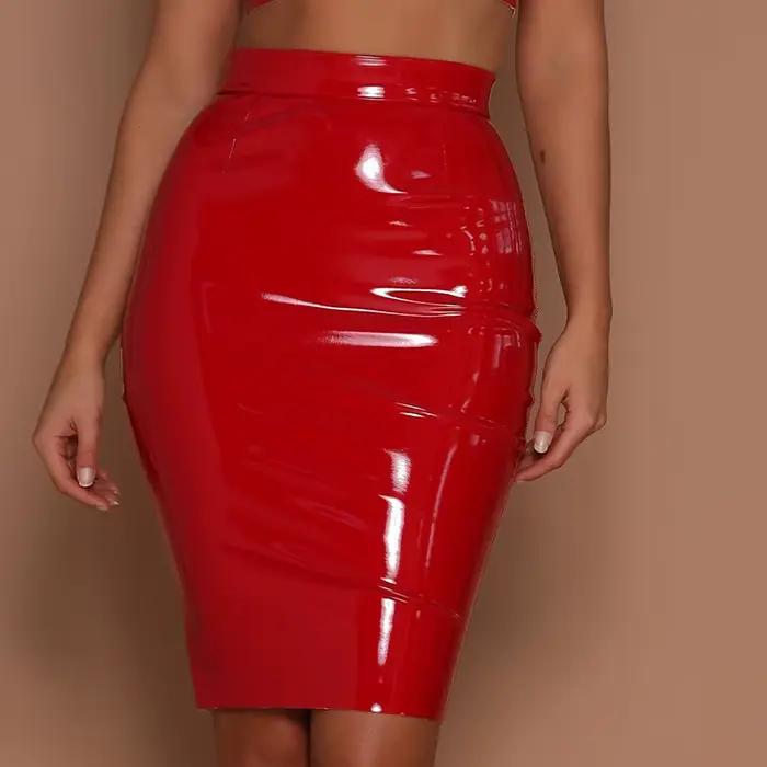 Femmes en cuir PU jupe moulante gothique noir aspect mouillé rouge jaune jupe Midi taille haute dame