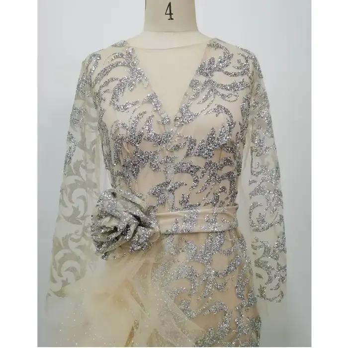 Lugentolo-Robe de soirée à paillettes pour femmes, nœud mince, manches longues, col rond, maille élé