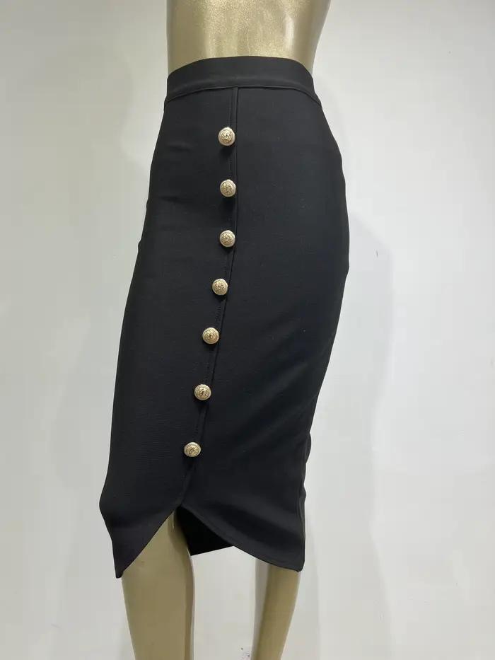 Jupe mi-longue noire à bandes pour femmes, moulante, de styliste, taille haute, fête, bureau, élégan