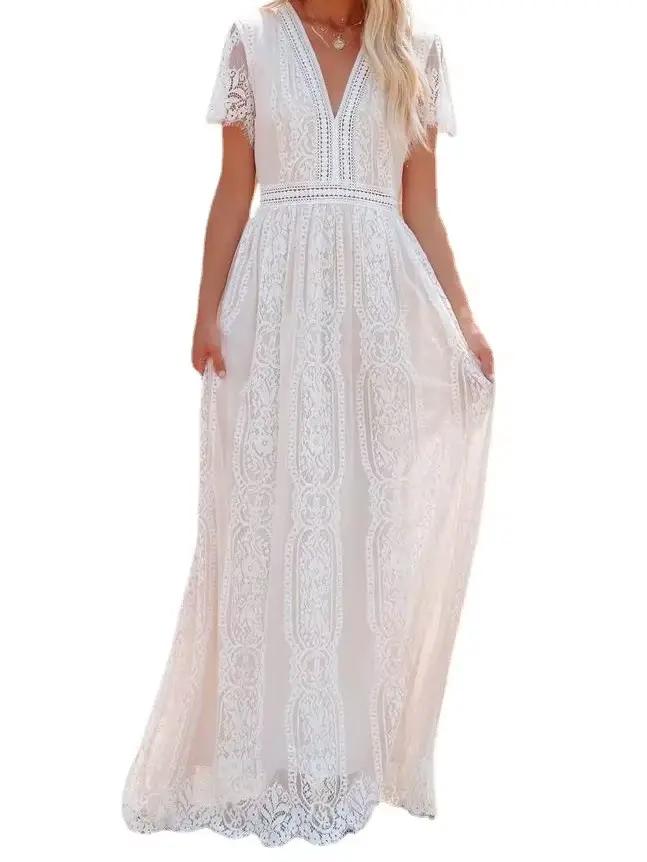 Robe en dentelle taille haute à col en V pour femmes, robes de soirée élégantes, longue robe de plag