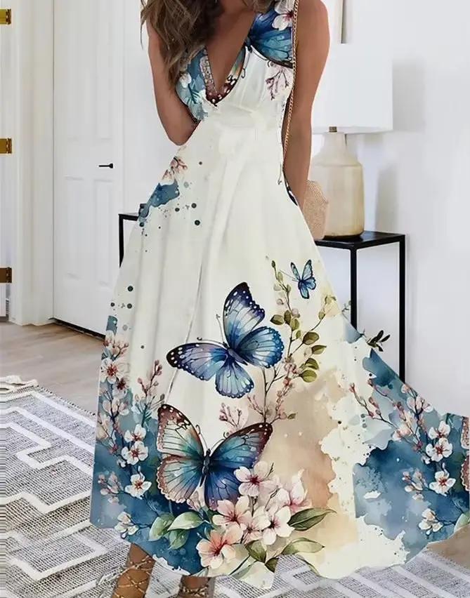 Robe mi-longue élégante pour femmes, tenue d'été, taille haute, sans manches, imprimée, Sexy, été, Л