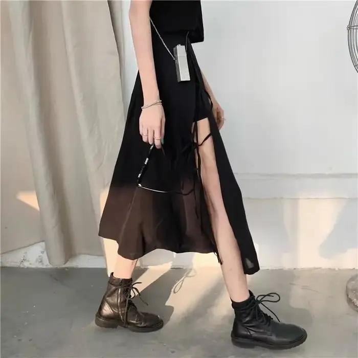 Jupes mi-mollet à fente haute gothique foncé vintage pour femmes, mode élégante, fête, club, taille