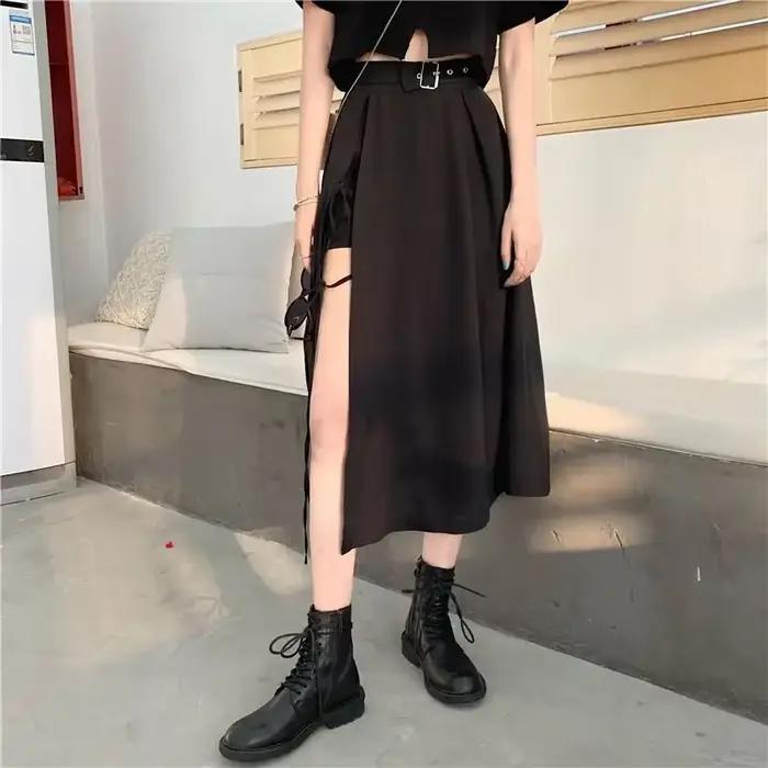 Jupes mi-mollet à fente haute gothique foncé vintage pour femmes, mode élégante, fête, club, taille