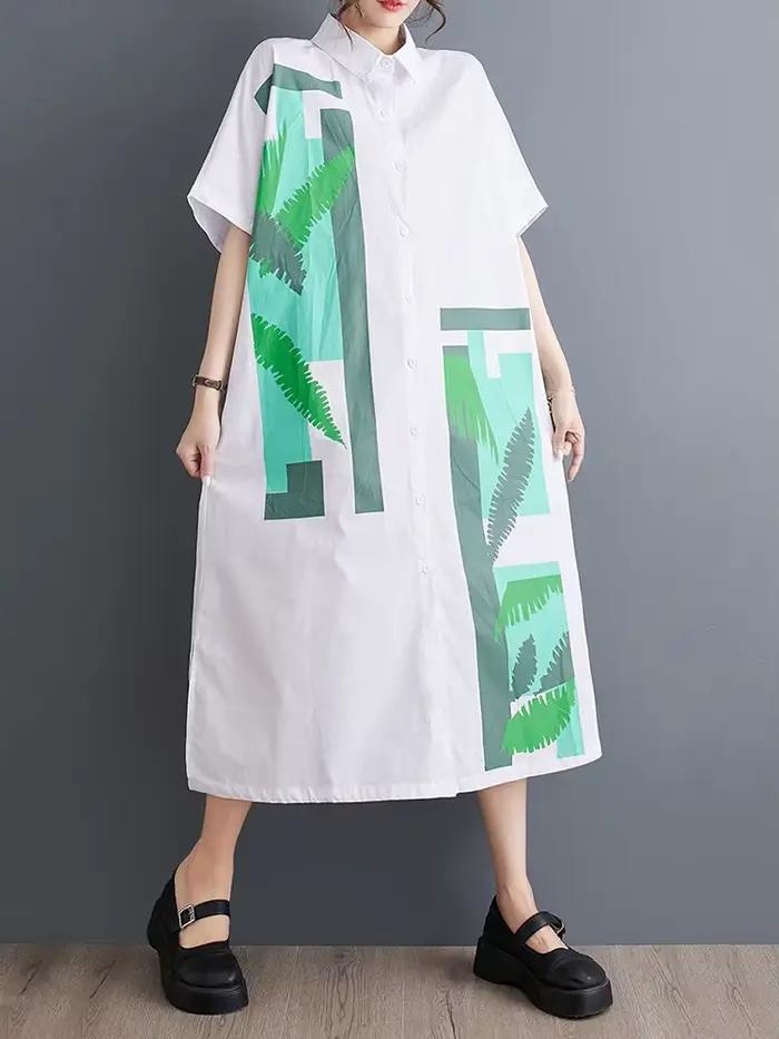 Nouvelle Robe Chemise Longue Décontractée Ample à Manches Courtes Imprimé Vintage Noir pour Femme –