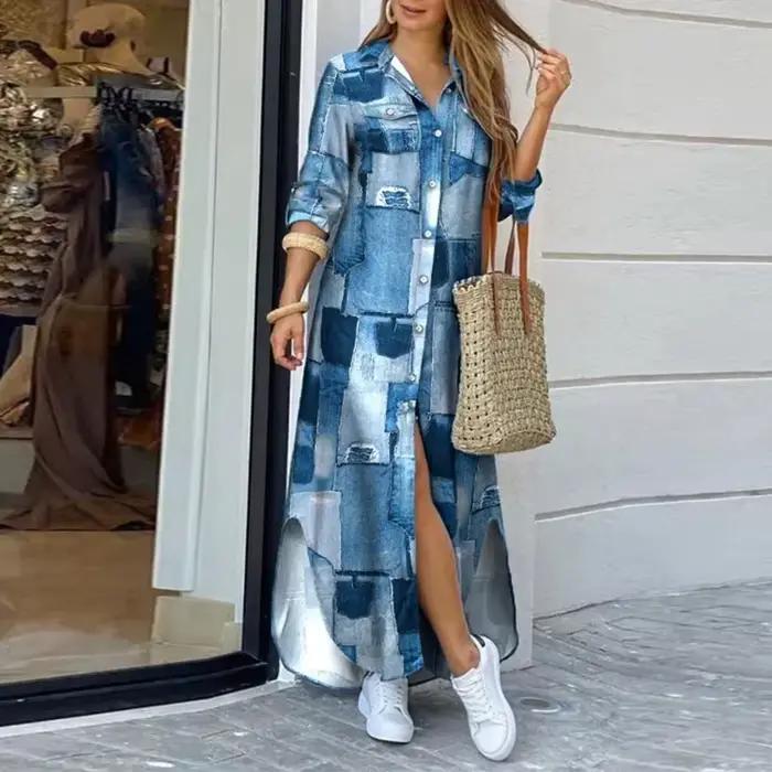 Robe chemise imprimée à col rabattu pour femmes, robes maxi élégantes, robe d'été à manches longues,