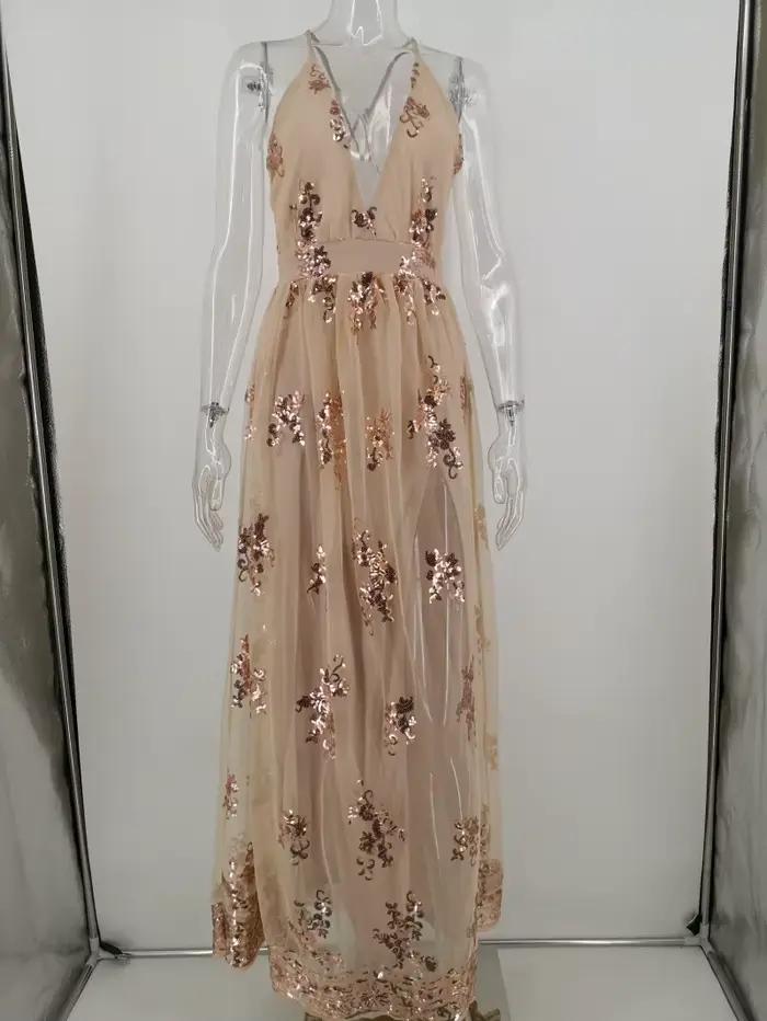 BKLD-Robe à paillettes brodées pour femmes, bretelles spaghetti sexy, col en V, dos nu, robes de soi