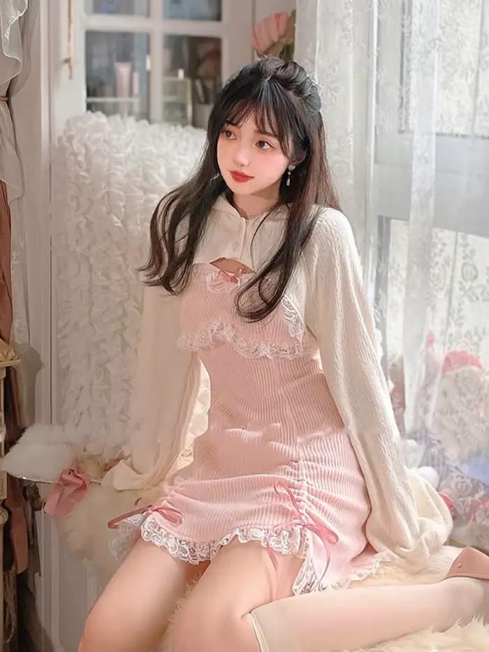 Robe Lolita en dentelle pour femmes, mini robes japonaises, nœud doux, rose Kawaii, fête féminine, p
