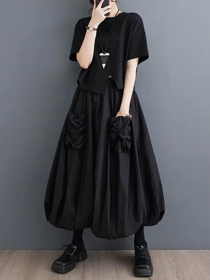 Jupe plissée noire vintage pour femmes, jupe longue bicouche, vêtements décontractés, taille haute,