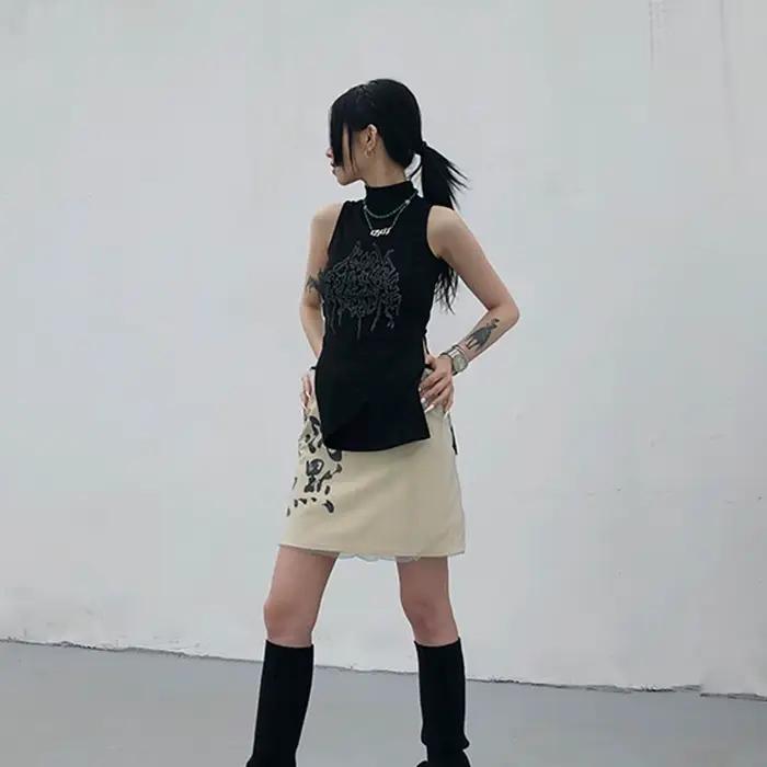 Karrcat Yamamoto Style débardeur noir Grunge gothique col roulé hauts Cyber Y2k Chic vêtements de cr