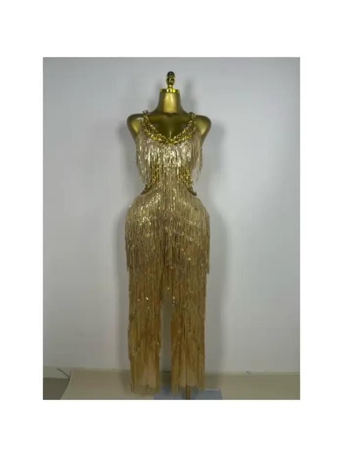 Combinaison scintillante à franges et strass dorés pour femme, tenue de scène pour chanteuse, specta