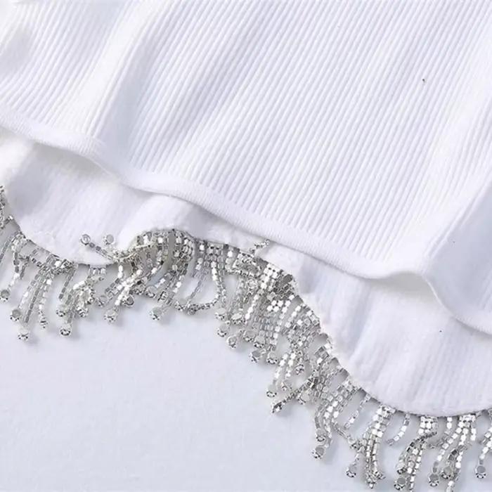 T-shirt à tricoter en perles de diamant pour femmes, débardeurs courts Chic Camis, gilet mince, haut