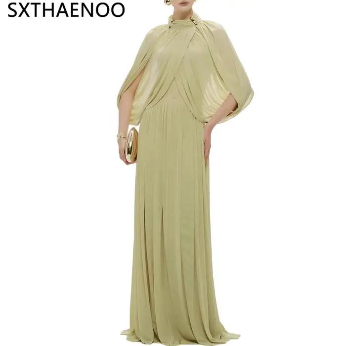 Robe longue plissée en mousseline SXTHAENOO pour femme, élégante, à manches volantées, col roulé, pa