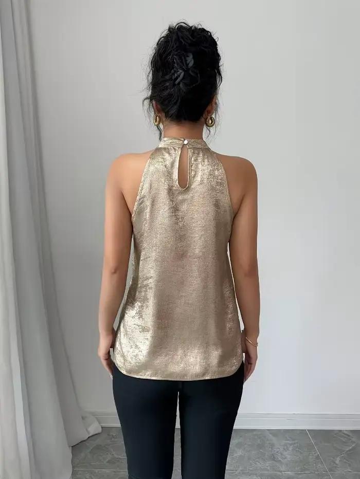 Chemise élégante et sexy pour femmes, couleur champagne dorée brillante, col halter, épaules dénudée