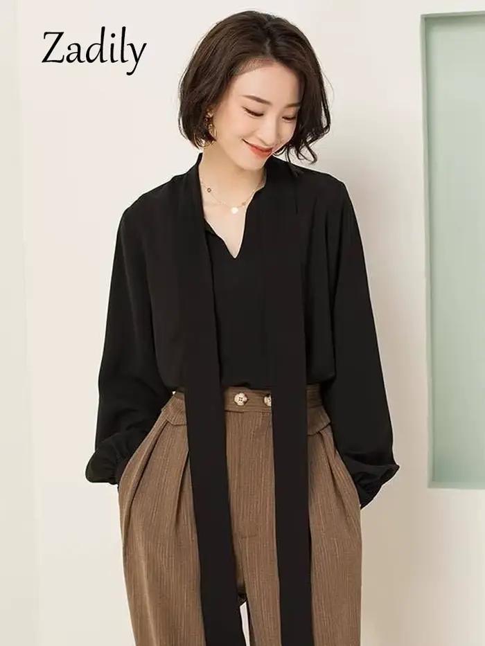 Dignily-Chemisier noir en mousseline de soie pour femme, chemise à manches longues, col en V, vêteme