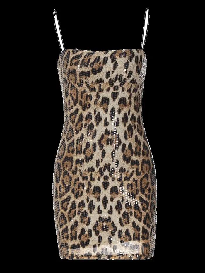 Mini robe tactique zura à imprimé léopard pour femmes, sangle initiée par les spaghettis, col carré,