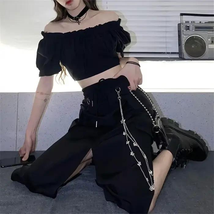 Jupe longue noire de Style coréen pour femmes, avec chaîne, fente latérale, Hip Hop, Streetwear, gra