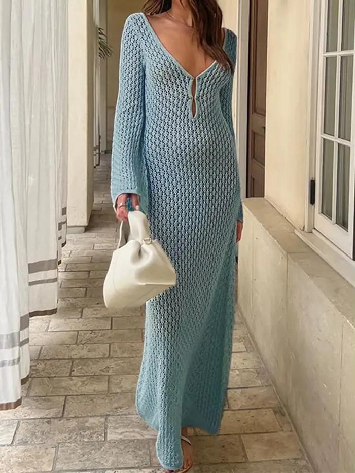 Robe de plage longue en tricot pour femmes, Sexy, ajourée, décolleté en v profond, manches longues,