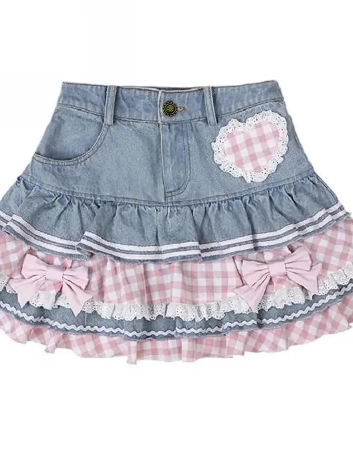 Japonais doux Lolita Mini jupes robe de bal femmes Harajuku mignon jupe en jean Style Preppy filles