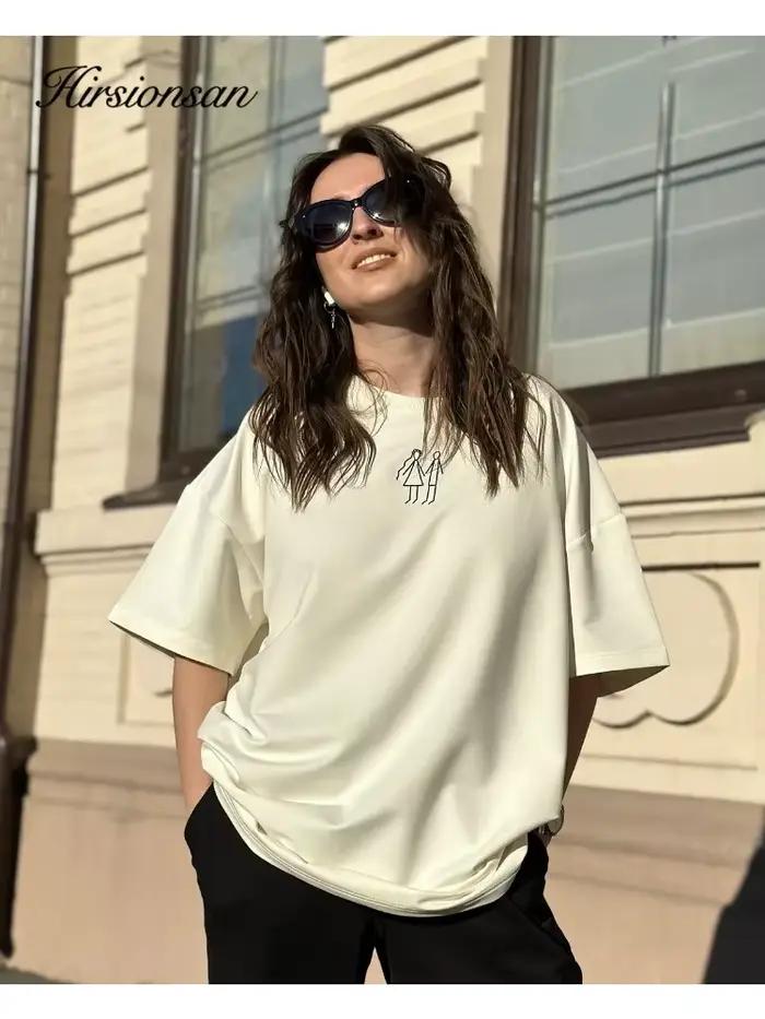 Hirsionsan-T-shirt imprimé graffiti minimaliste pour femme, col rond, coton doux, vêtements décontra