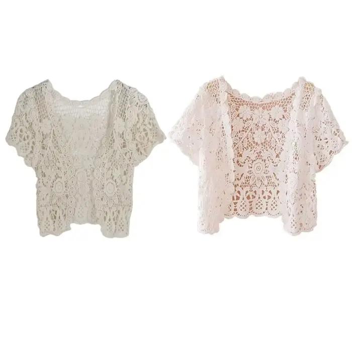 Femmes manches courtes Crochet haussements d'épaules évider fleur dentelle ouvert devant recadrée Ca