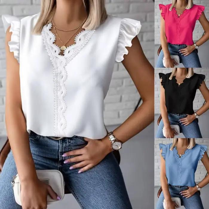 Chemisier noir à panneau en dentelle à col en V pour femme, chemise décontractée, blanc, été, 2024