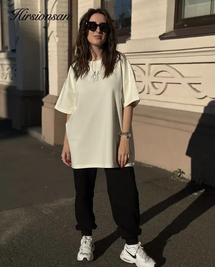 Hirsionsan-T-shirt imprimé graffiti minimaliste pour femme, col rond, coton doux, vêtements décontra