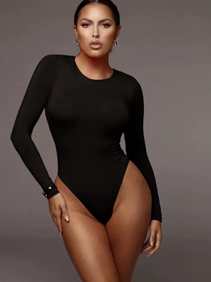 O cou à manches longues solide blanc Sexy Body femmes noir automne hiver corps haut gris décontracté