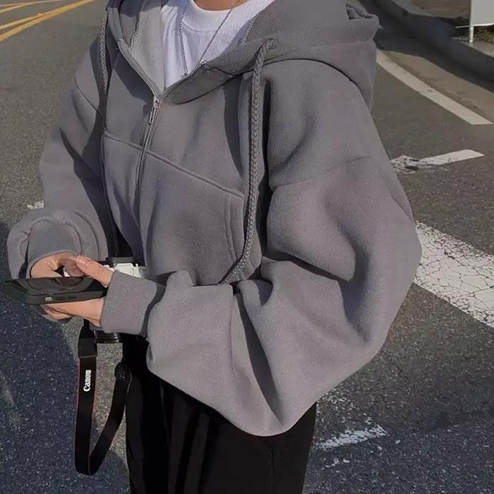 Chemise à capuche coréenne pour femmes, mode doublure polaire, sweat à capuche ample, fermeture écla