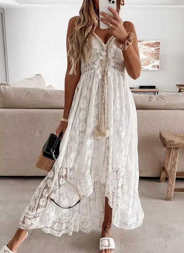Robe femme blanc évider coton robe d'été dentelle sans manches longue épissage été fête élégante soi