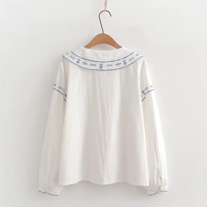 Chemises brodées de fleurs en coton pour femmes, hauts à col à revers, manches longues, chemisiers a
