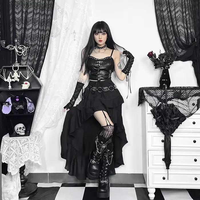 Goth foncé Kawaii noir jupes à plusieurs niveaux 90S rétro ourlet irrégulier bas de fête centre comm