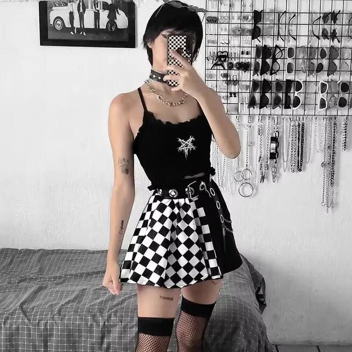 Jupe gothique sexy taille haute pour fille noire, jupe Harajuku Y2k, abonnés à la couture à carreaux
