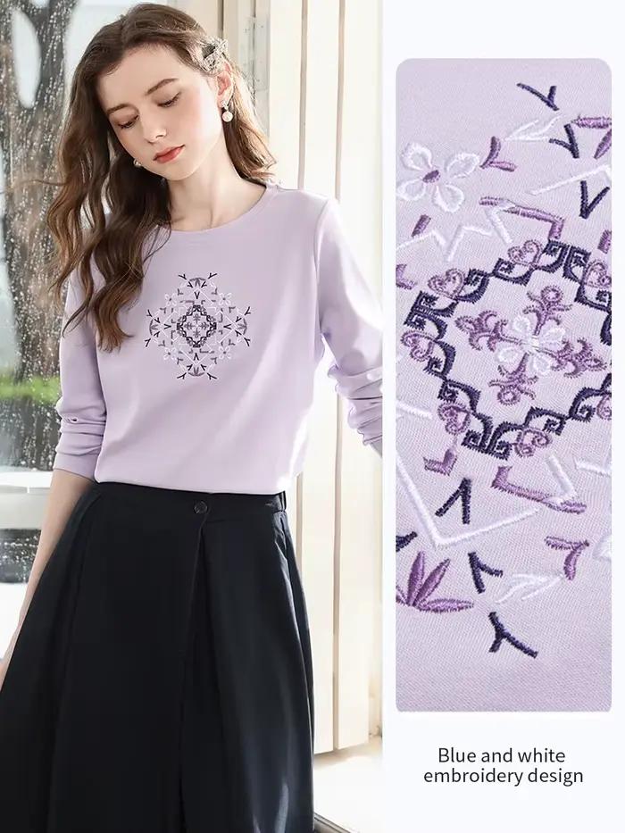 Je crois que vous T-shirt brodé à manches longues pour femmes 2025 automne violet mince haut décontr