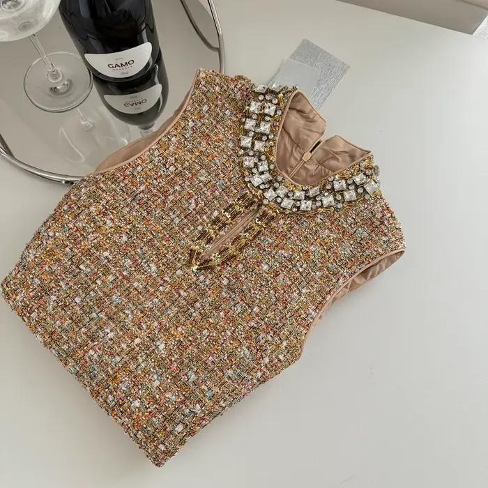 Mini robe de luxe en Tweed pour jeunes filles, couleur Vintage, douce, diamants, sans manches, tissa