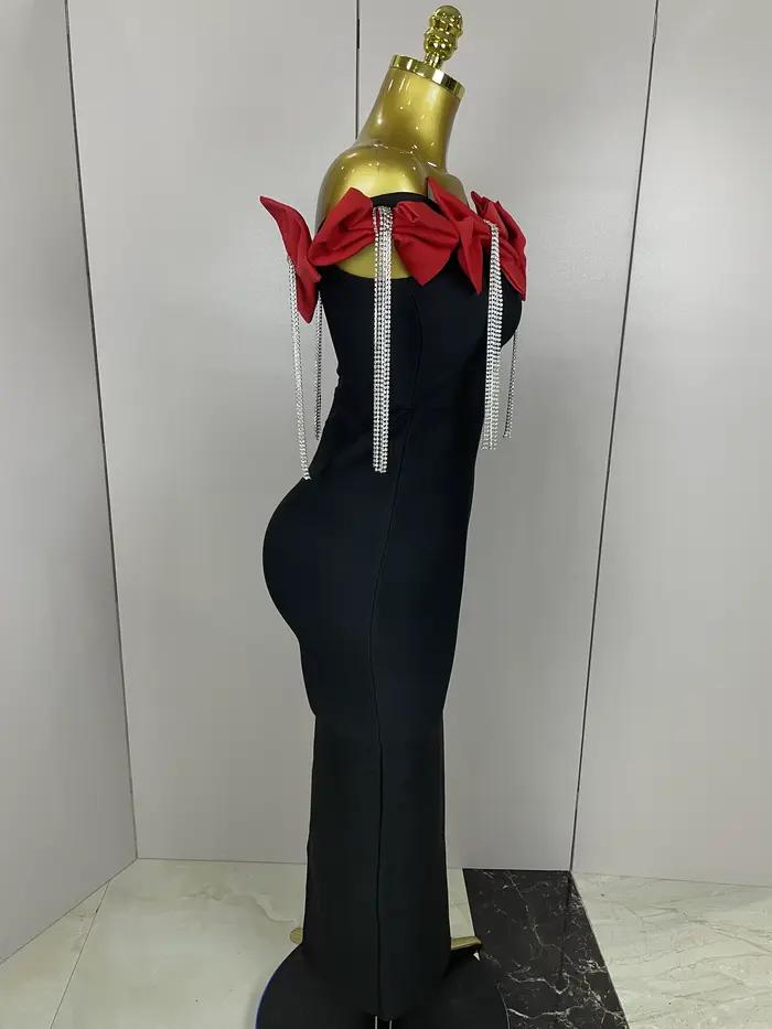 2025 femmes célébrité sexy épaule dénudée fleur diamants noir noeud papillon maxi longue XL robe de