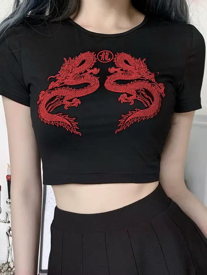 T-shirt manches courtes imprimé Dragon pour femmes, haut court à la mode pour le Shopping, usage quo