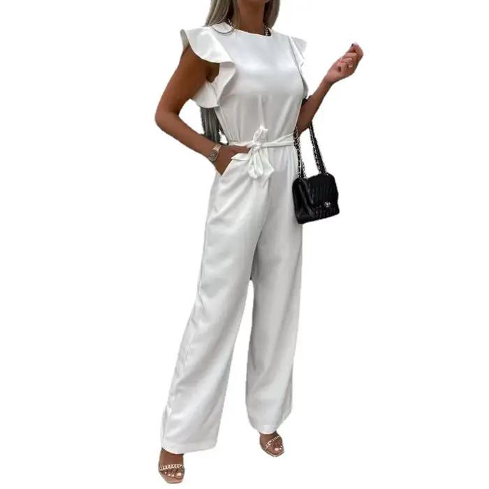 Combinaison avec lacets pour femme, haut, élégant, couleur unie, tube droit, à la mode, manches à vo