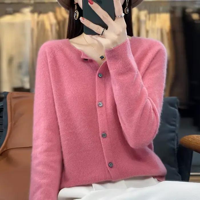 Femmes 100% laine mérinos pull automne hiver col rond première ligne sans couture Cardigan à manches