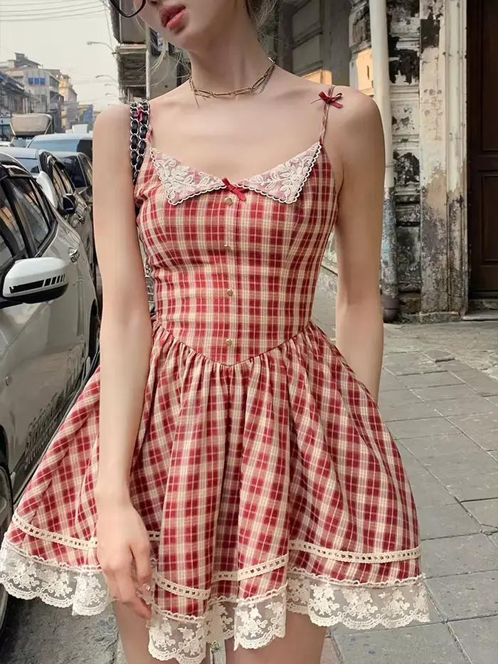 Mini robe d'été à carreaux pour femmes, bretelles spaghetti, nœud Kawaii, dentelle, dos nu, style fr