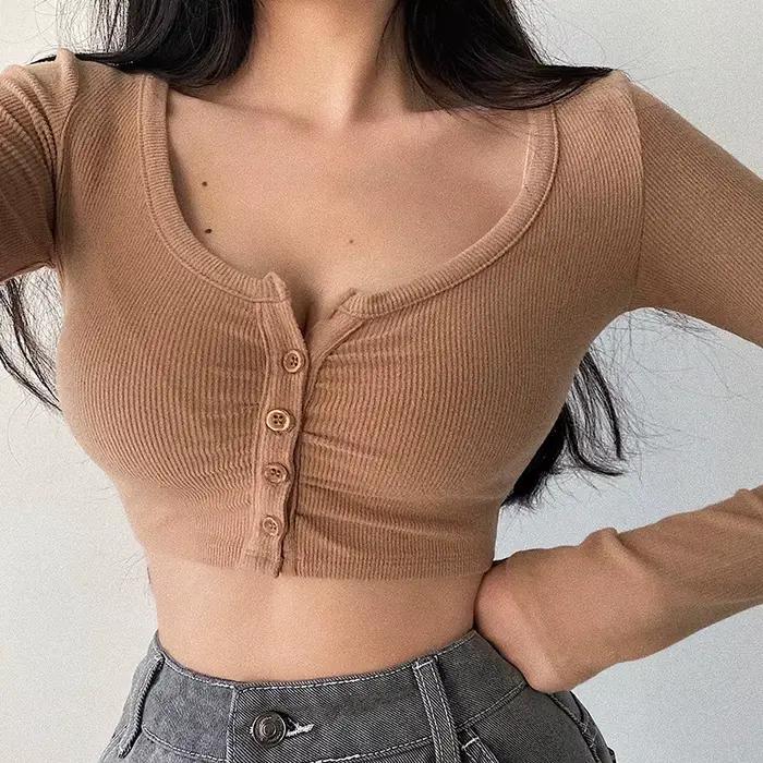 WOMENGAGA-Cardigan à nombril ouvert pour femmes, col en V mince, manches longues, chemisiers monochr