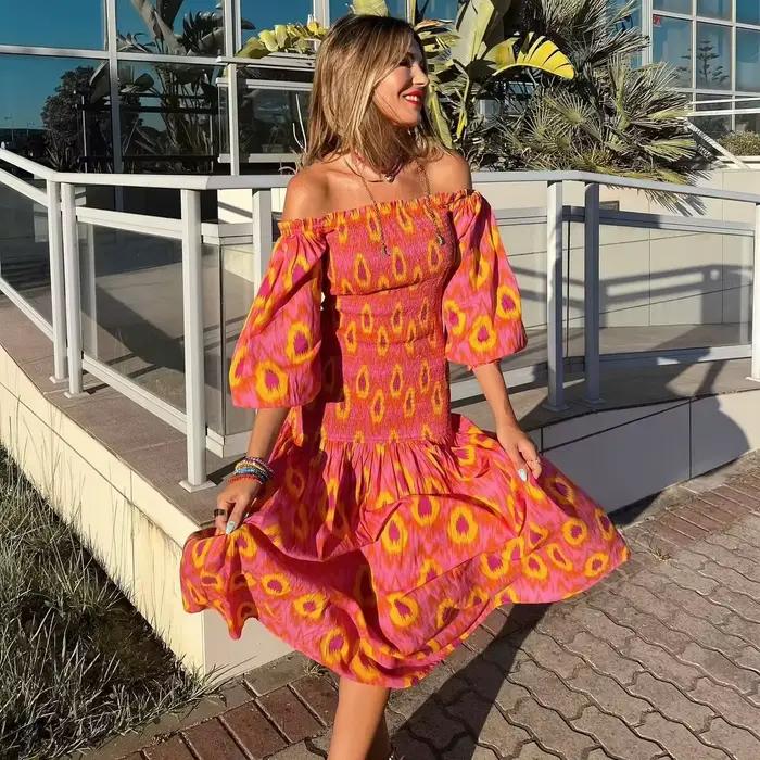 TEELYNN-Robe de plage à manches bouffantes pour femmes, vintage, boho, sexy, décontractée, longue, é