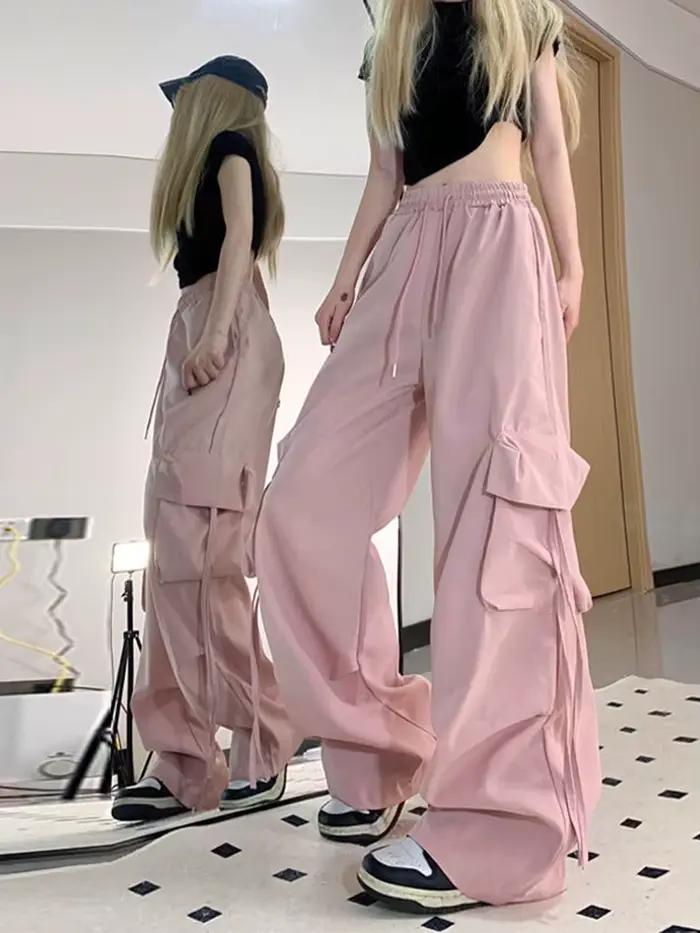 Zoki rose Streetwear Cargo pantalon femmes ample Harajuku Y2K pantalon droit américain rétro Hip Hop