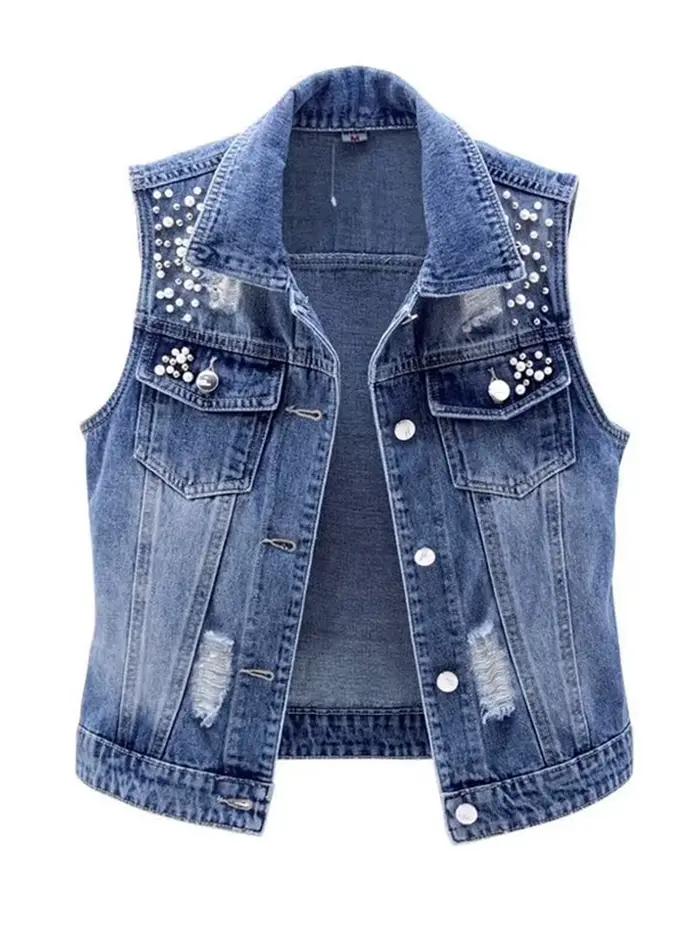 JMPRS Denim femmes gilet de luxe perles mode déchiré automne jean veste sans manches ample court man