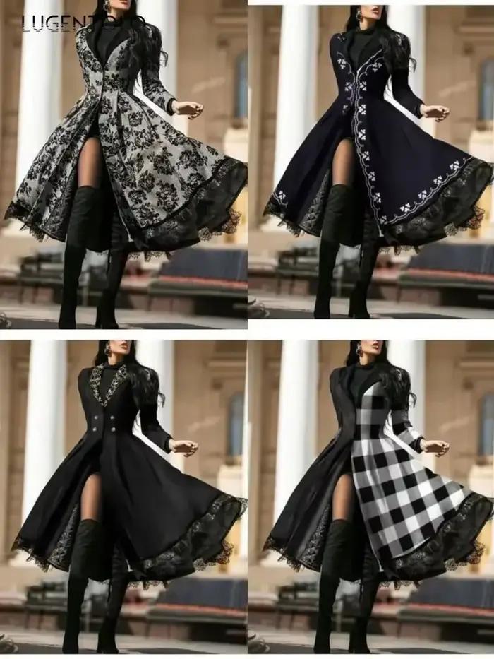 Femmes Vintage fête Trench à manches longues automne épissage dentelle bouton manteau femme décontra