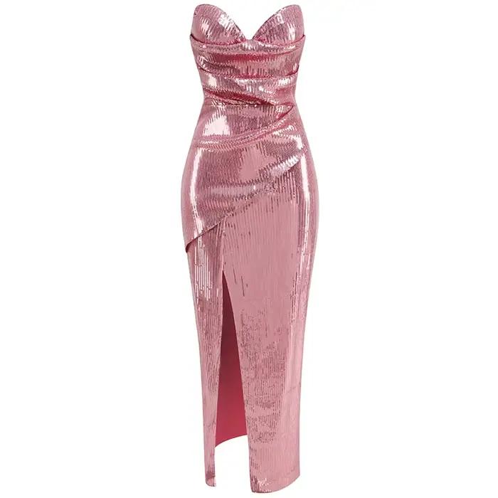 Robe de soirée sans bretelles à paillettes de couleur rose avec une fente sur les cuisses, robe long