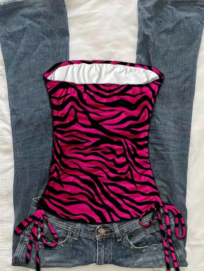 Haut court pour femmes, gilet plissé à lacets imprimé léopard, haut sans manches imprimé zèbre, haut